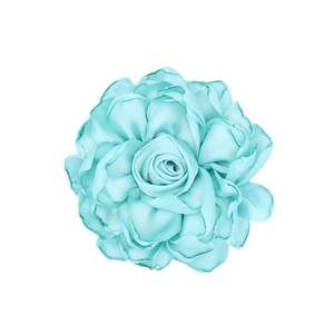 Detailed view of light blue satin fabric rose with multilayered petals and fine texture