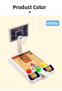 Close-up of mini desktop basketball game with white base, scoreboard, and colorful balls