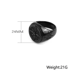 Vintage matte black stainless steel compass signet ring for men with nautical star engraving