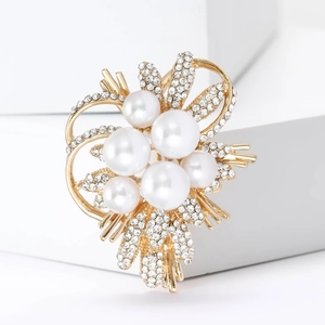 Elegant gold flower brooch featuring white pearls and sparkling crystals for women