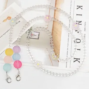 Frosted rabbit beaded crossbody phone strap with colorful flowers and lobster clasp, 120cm