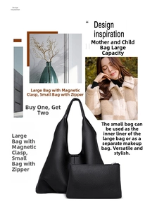 Close-up of black litchi texture tote bag set with magnetic clasp and zipper pouch