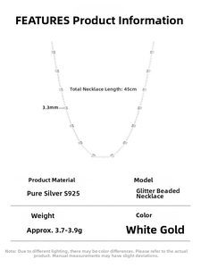 Detail view of 925 sterling silver bead necklace with 45cm length and 3.3mm beads