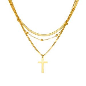 Three-layer gold stainless steel necklace featuring cross pendant and beaded chain