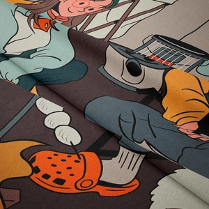 Détail d'une tapisserie de camping en microfibre avec illustration de dessin animé rétro
