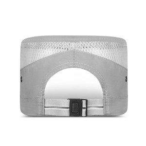 Grey quick-dry flat top cadet hat with breathable white mesh and adjustable buckle