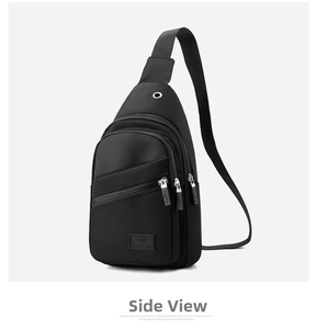 Detail view of black oxford fabric cross-body bag with multi-zipper and earphone port