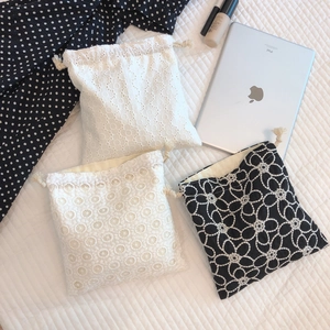 Lace embroidery cotton drawstring pouch set for cosmetics and travel organization