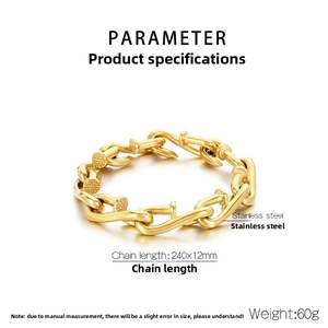 Detail of gold stainless steel nail link bracelet with 240x12mm sizing specifications