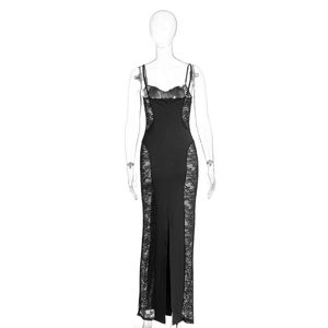 Detail view of black strap dress featuring lace side panels and a back slit design