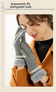 Detail of light grey thermal knit gloves featuring soft faux fur cuffs for women