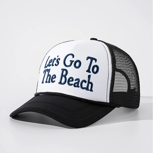 Classic black and white trucker hat with Let's Go To The Beach embroidery and mesh back