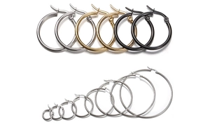 Detailed view of hoop earrings in silver, gold, rose gold and black with various sizes
