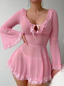Detailed view of pink sheer mesh bodysuit with lace trim and vintage flare sleeves