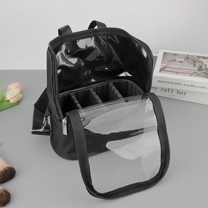 Close-up of makeup bag with adjustable dividers and transparent window for brushes