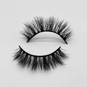 Detailed view of dense and fluffy black faux mink eyelashes on a clean white background