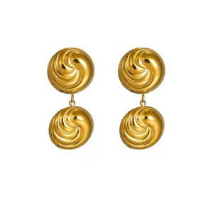 Stainless Steel Round Stud Earrings 18K Gold Plated Spiral Texture Faux Artificial Pearl Inlaid Retro Niche Style Jewelry For Women