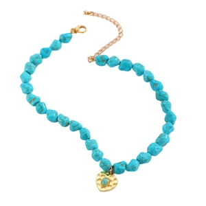 Bohemian turquoise beaded necklace featuring a golden heart pendant with teardrop stone