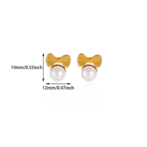 Detail view of 18K gold bow-shaped pearl earrings with 14mm height and 12mm width measurements