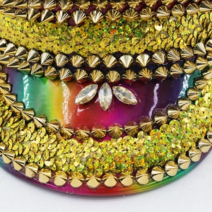 Rainbow gradient captain hat with gold studs, sequins and rhinestones for party performance