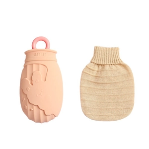Borsa dell'acqua calda in silicone a forma di coniglio rosa con fodera in maglia beige
