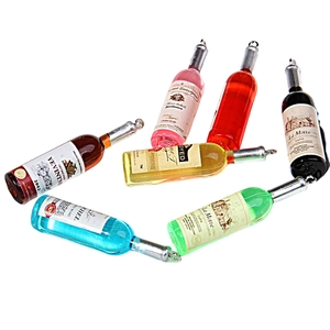 Set of 7 colorful miniature resin wine bottle pendants with metallic hanging rings