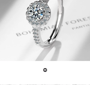 Macro shot of silver halo ring with a clear center stone and pavé set side gems
