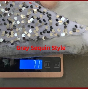 Macro detail of gray sequin fabric with silver circular sequins weighing 71g