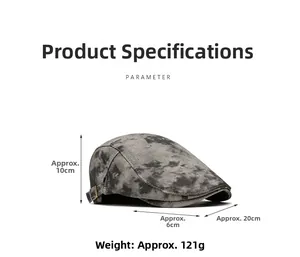 Detail view of newsboy cap size measurements with adjustable metal buckle on grey fabric
