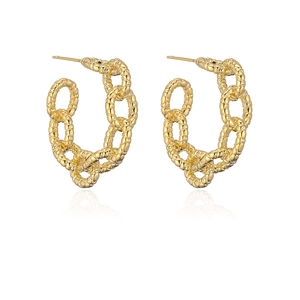 Macro shot of 18K gold plated irregular geometric chain earrings on white background