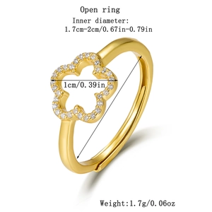 Detail of S925 sterling silver golden open ring with zircon flowers and dimensions