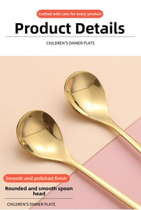 Detailed close-up of polished golden stainless steel dessert spoon with smooth rounded edges