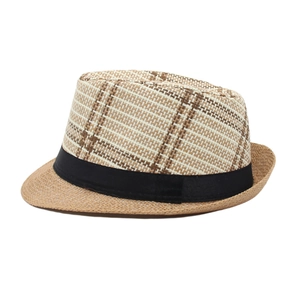 Classic straw trilby fedora hat with plaid crown and black ribbon trim for men