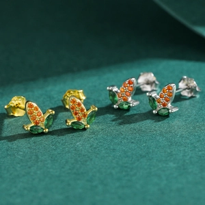 Exquisite S925 silver corn-shaped stud earrings with vibrant orange and green gemstones
