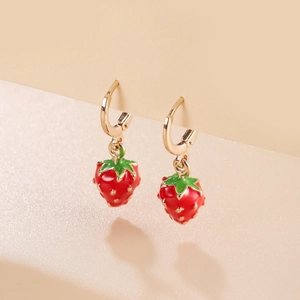 Sweet tropical strawberry drop earrings with red enamel finish and golden hoops