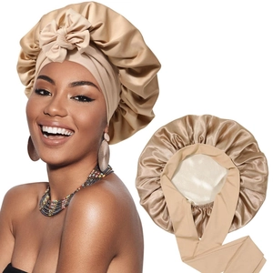 Double-layer satin sleep bonnet for hair care with bow tie in champagne gold silk