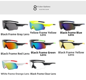 Detailed view of eight sports cycling sunglasses models with various frame and lens colors