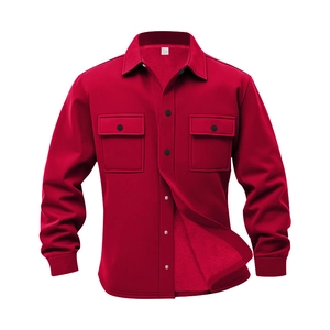 Men's red fleece-lined shirt jacket with double flap chest pockets and black buttons