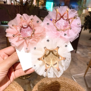 Set of 3 mesh crown hair clips for girls in pink, champagne, and white colors with sequins