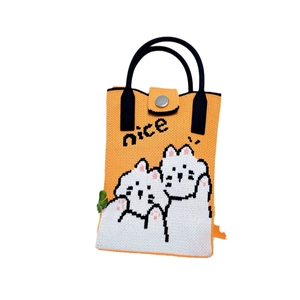 Cute orange knitted crossbody phone bag with pixel cat pattern and twin black handles
