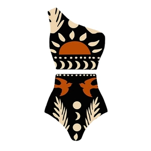 Bohemian one-shoulder bikini set with sun and moon pattern and high-waisted bottoms