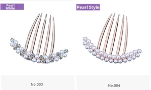 Detail of rose gold pearl hair combs with rhinestones and double-row pearl inlay designs