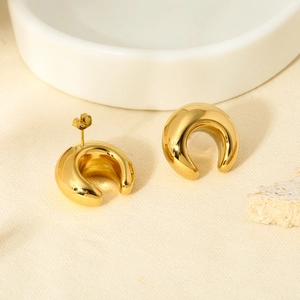 Polished 18K gold plated stainless steel crescent hoop earrings with chunky C-shape design