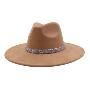 Classic camel faux suede fedora hat with a sparkling rhinestone band for men and women