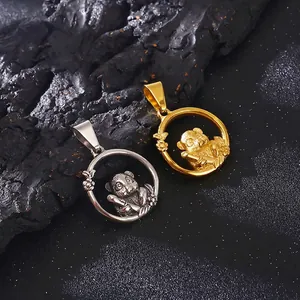 Cute Panda Pendant Hollow Round Circular Stainless Steel Animal Jewelry Carved Bamboo Design Hip Hop Punk Style