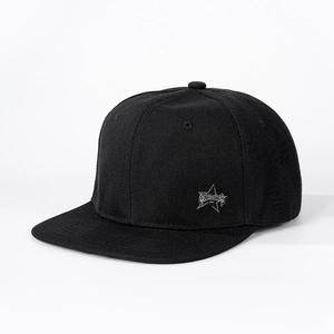 Classic black flat brim snapback baseball cap featuring a star embroidery and gothic text