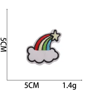 Detailed view of rainbow and cloud embroidery patch with dimensions 5CM by 5CM