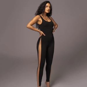 Sexy backless black jumpsuit with side mesh cutouts and sleeveless round neck design