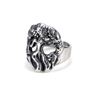 Vintage stainless steel tree of life ring with antique silver finish and embossed details