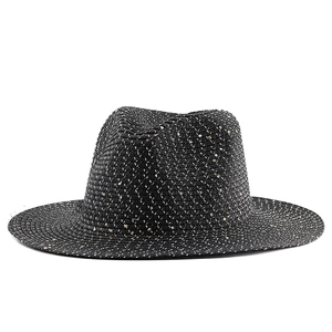 Classic black straw fedora hat with shimmering gold sequins for stylish sun protection